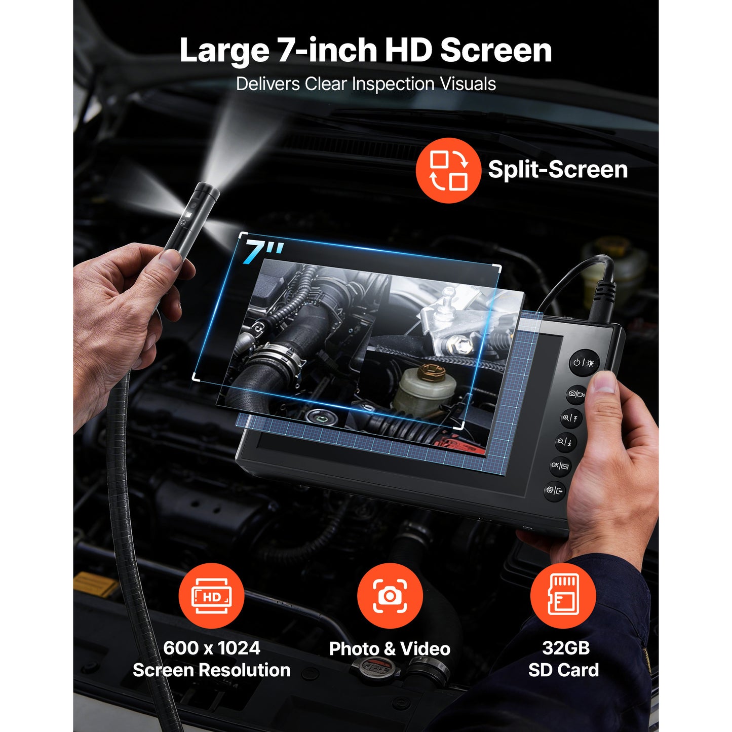 Triple Lens Endoscope With Dual-Cable Setup, Industrial Borescope With Light, 7 HD IPS Spilt-Screen, 8  2 LEDs, 8X Zoom, IP67 Waterproof Snake Camera For Auto, Plumbing 16.4FT  9.8FT Cables