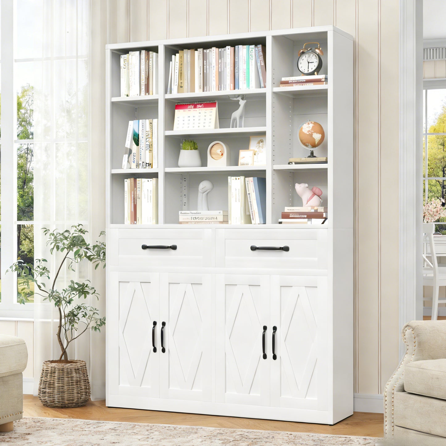 71  Tall Bookcase With Doors, Drawers & Adjustable Open Shelves, Metal Storage Cabinet For Home Office, Living Room, Industrial Bookshelf, White