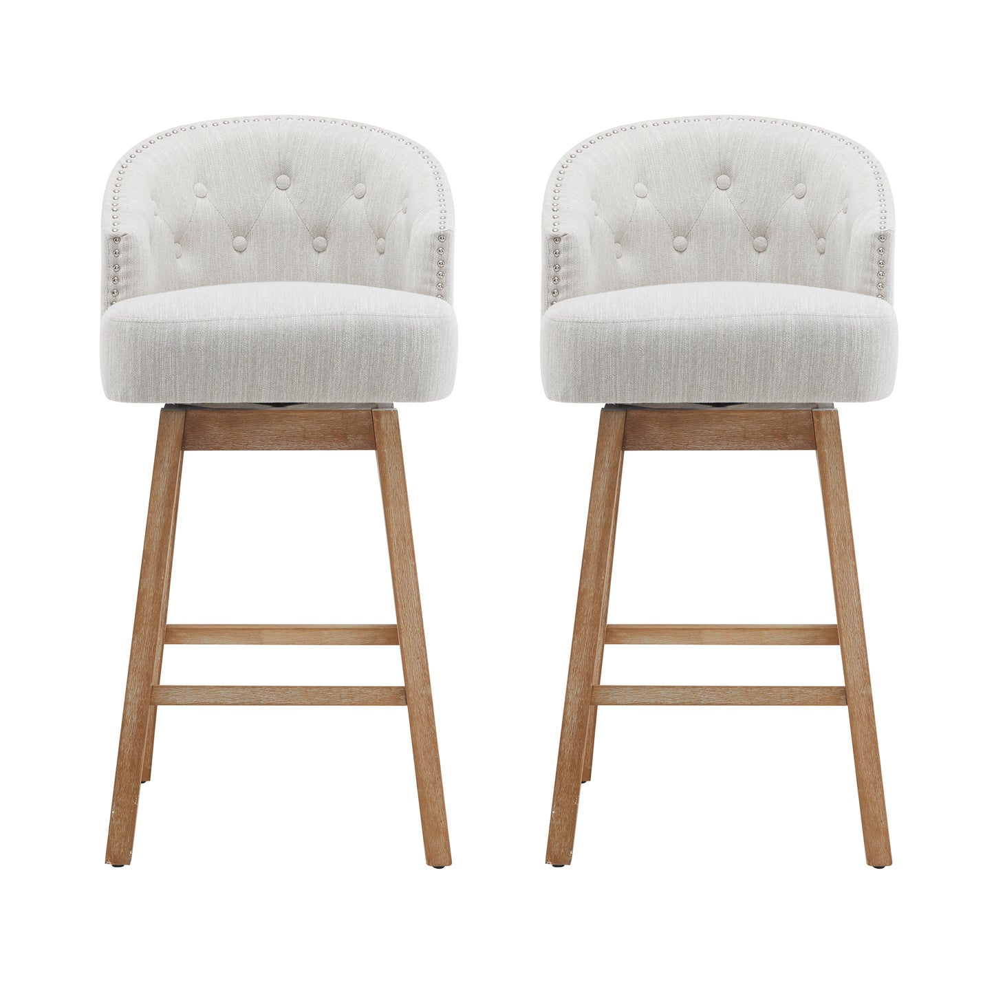 33.25 Swivel Counter Stools Set Of 2, Upholstered Counter Height Bar Stools With Solid Rubber Wood Frame, Backrest, Footrest, Armless Barstools For Home Bar, Kitchen Counter, Natural   Beige