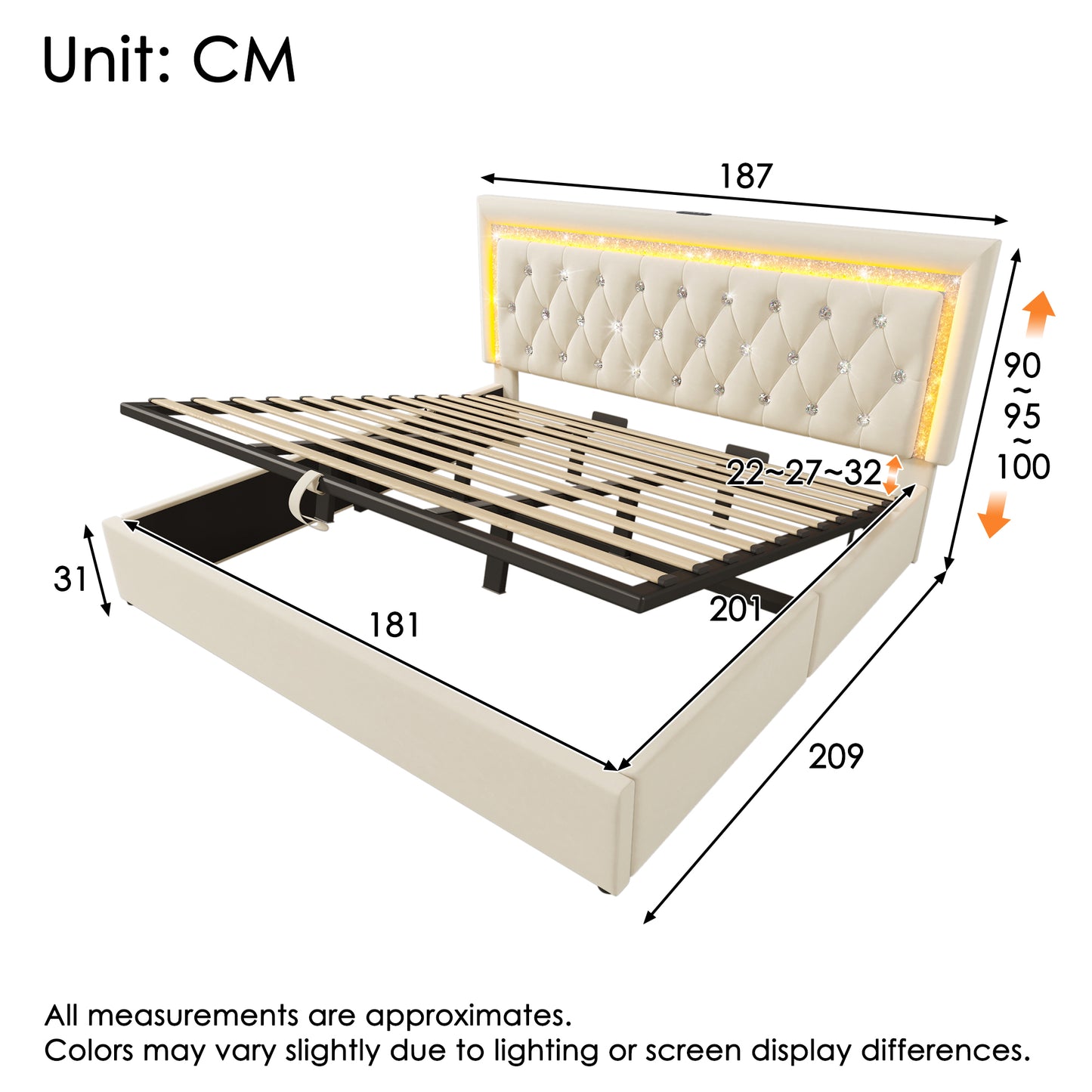 Upholstered Bed 180x200 Cm Velvet Double Bed With LED Diamond Strips, USB & Type-C Charging Station, Hydraulic Storage Bed, Modern Youth Bed With Slatted Frame, Beige  Without MattresS