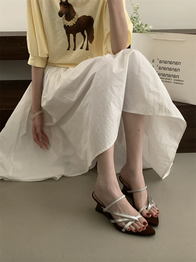 French Resort Roman Style Two-way Wear Sandals, Pointed Toe Golden Thin Strap Wedge Heel Women's Outdoor Summer Slides