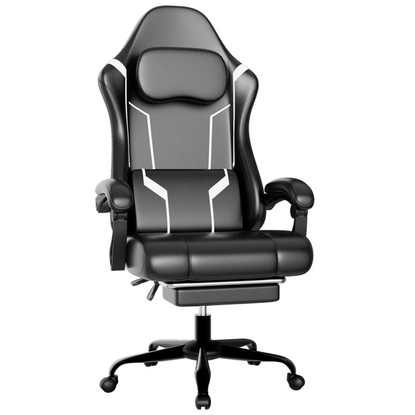 Ergonomic Gaming Chair, Video Game Chair With Pocket Spring Cushion And Footrest, Height Adjustable Computer Chair With Swivel Seat And Headrest   Faux Leather, Off-White