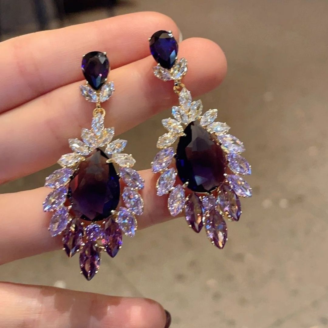 European American Fashion Gradient Purple Teardrop Zircon Earrings, Super Sparkling Dangle Drop Earrings For Runway & Formal Evening Dress