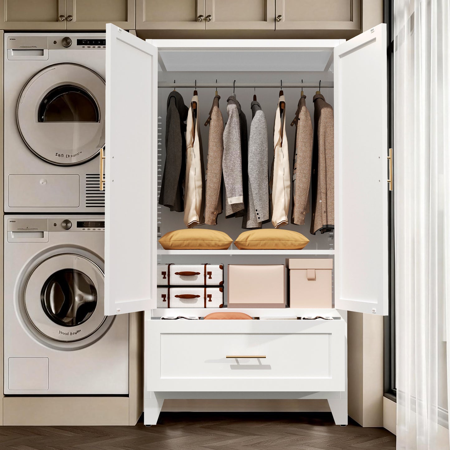 60inch Tall Metal Wardrobe Cabinet With 1 Drawer And Hanging Rod, 2 Doors Wardrobe Closet With Shelf For Bedroom, Office, Laundry Room,Entryway ,Foyer,Guesthouse White