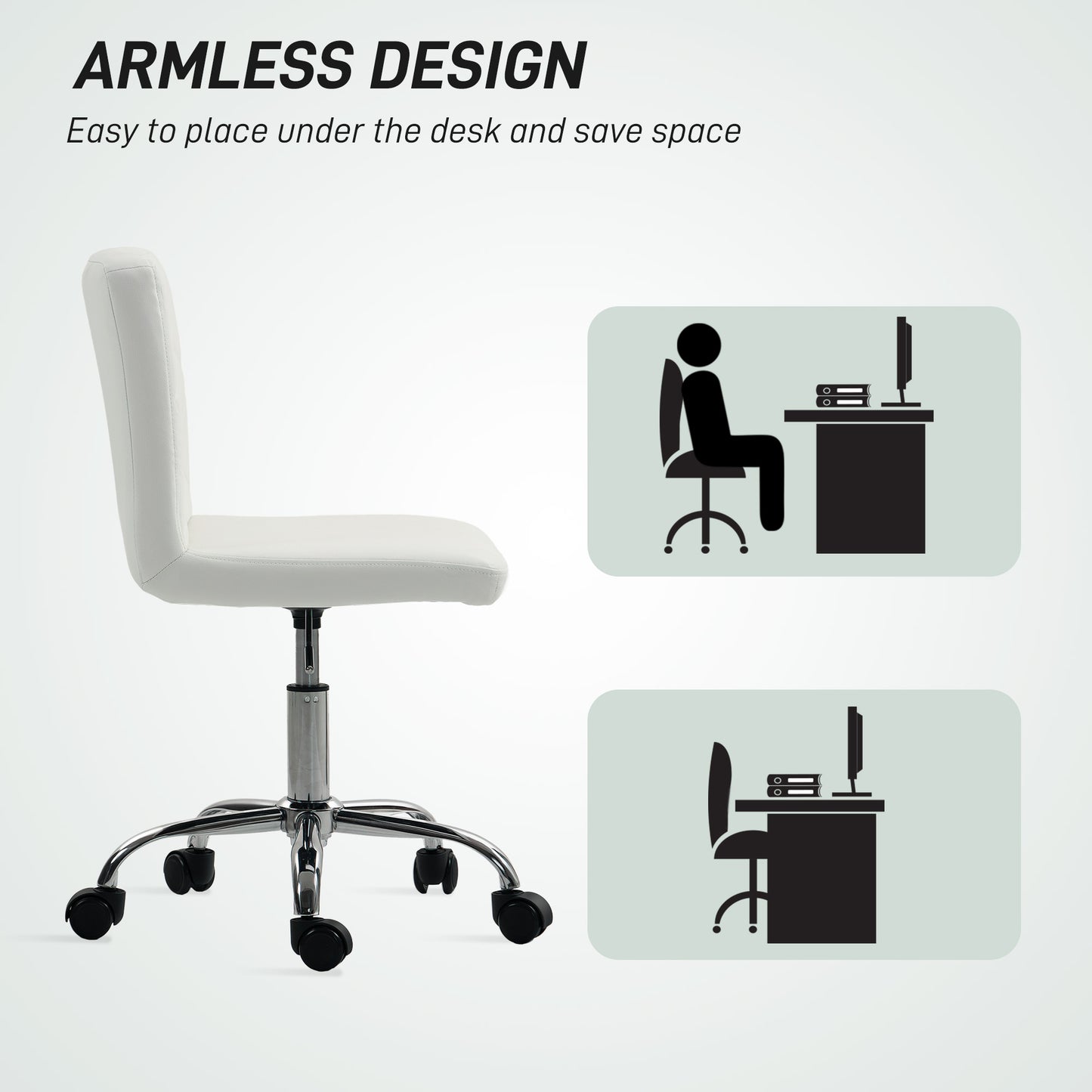 PU Leather Armless Office Chair, Modern Vanity Computer Swivel Chair With Rolling Wheels And Adjustable Height For Home Study, Bedroom, White