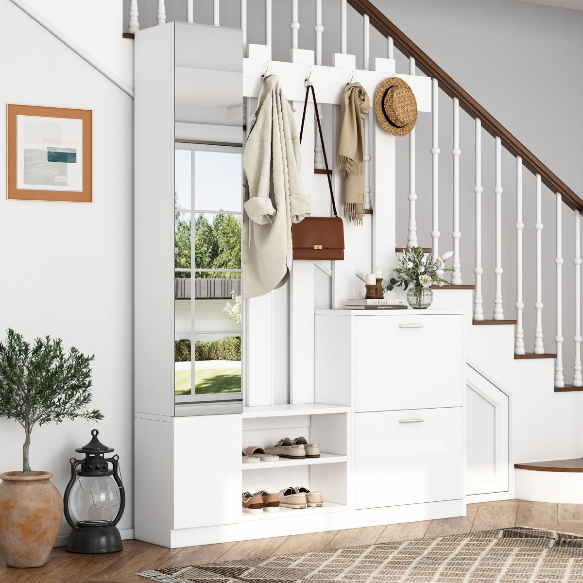 Cm Coat Rack Set With Mirror, Hallway Cabinet, Wall-Mounted Shelving Unit, Compact Coat Rack, Includes 2 Shoe Cabinets With Lower Hinged Doors  2 Storage Cabinets,