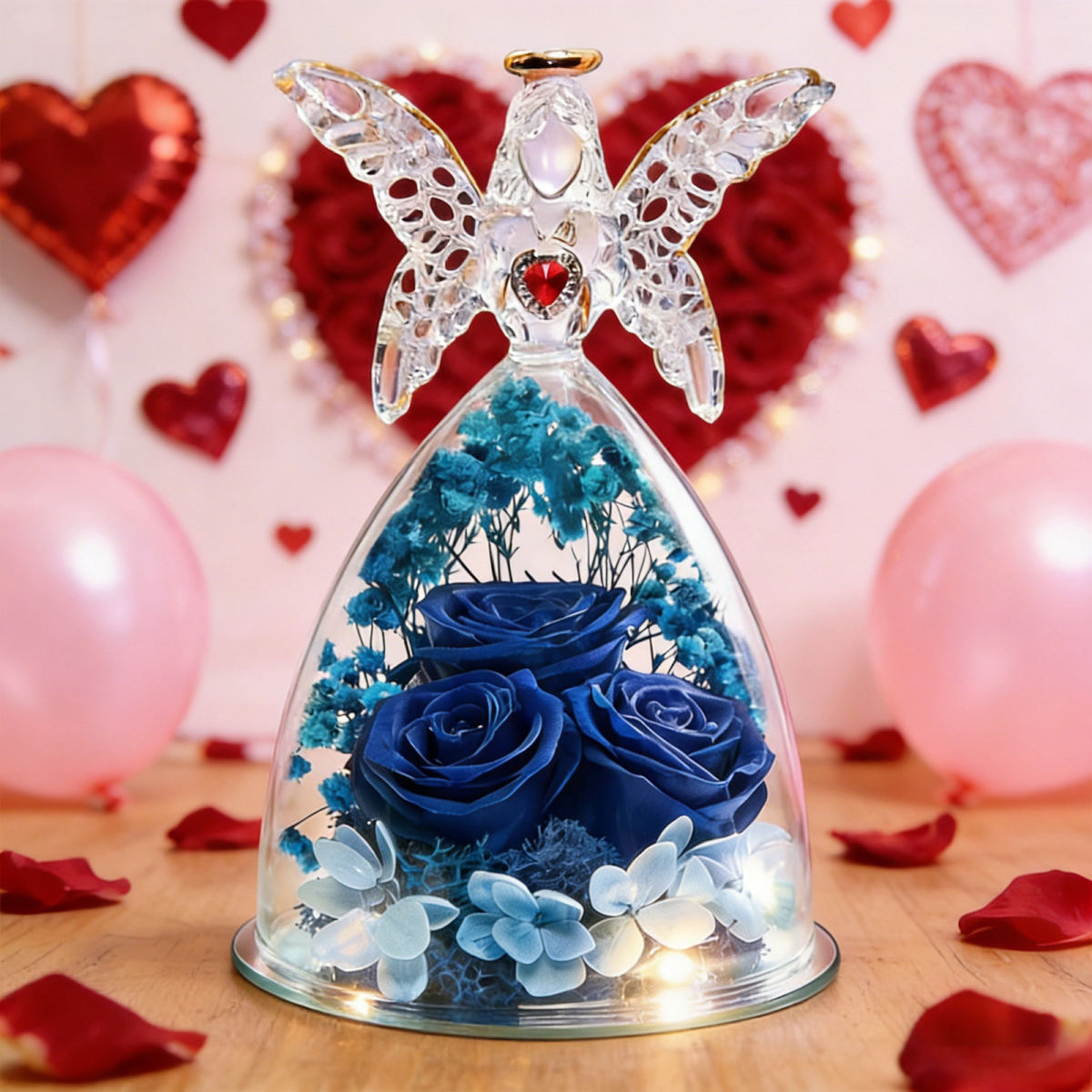 Eternal Rose In A Glass Dome With Angel Figurine, In Blue—A Special Gift Idea And Party Accessory Set