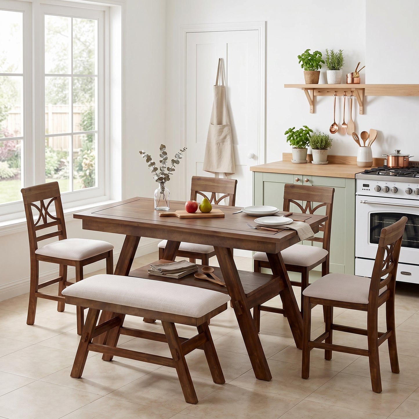 TOPMAX 6-Piece Wood Counter Height Dining Table Set With Storage Shelf, Kitchen Table Set With Bench And 4 Chairs,Rustic Style, Walnut Beige Cushion  Old Sku N717S000257AAD