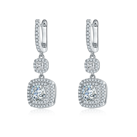 S925 Sterling Silver Cushion Double Halo Drop Earrings, 1ct D-VVS1 Moissanite, Platinum Plated 6.6g Women's Jewelry Gift Box