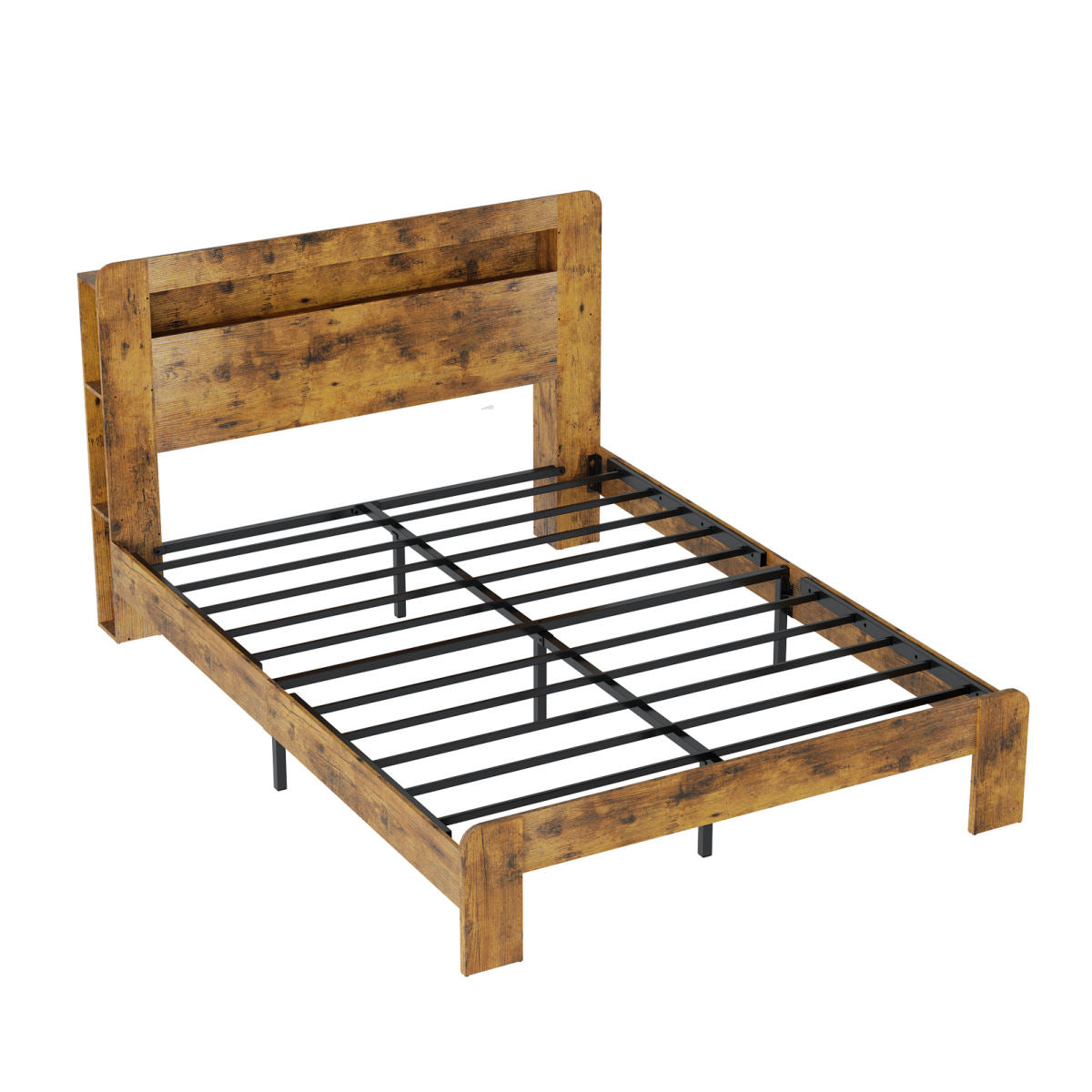 Queen Size Bed Frame With Storage Headboard Platform Bed Frame With Charging Station LED Light Easy Assembly No Box Spring Required Rustic Brown