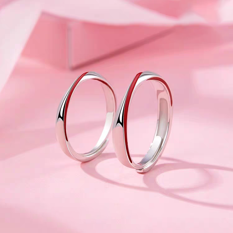 1 Pair 999 Sterling Silver Red Line Mobius Couple Rings, Adjustable Promise Rings, Ideal Valentine's Day Gift For Lovers