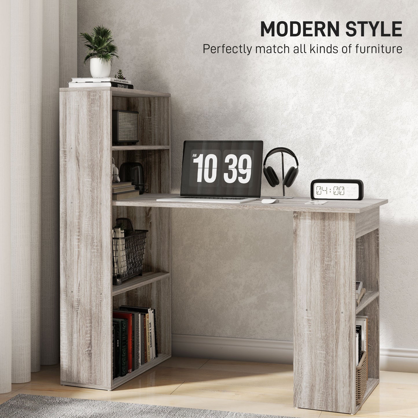 120cm Computer Desk, Wooden PC Laptop Table With 6-Tier Storage Bookshelves, Home Office Working Study Desk, Writing Workstation, Grey