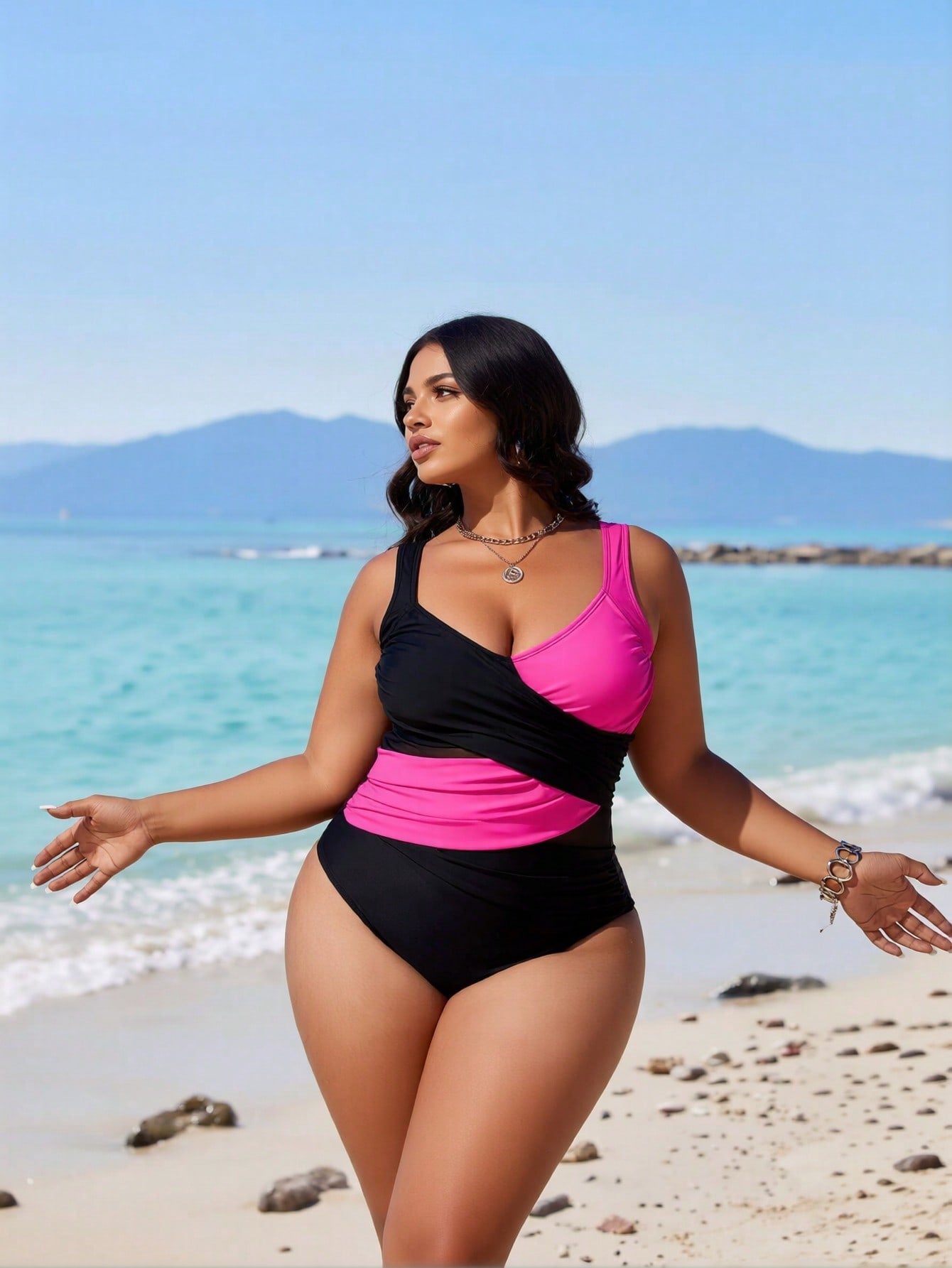 2026 New Women's One-Piece Swimsuit Black & Hot Pink Color Block, Wrap Front Detail, Wide Straps And Ruched Tummy Control