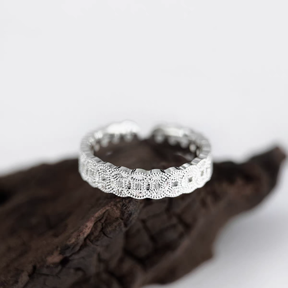1pc 999 Sterling Silver Ice-cut Coin Pattern Open Ring, Sparkly Retro Style, Perfect For Daily Wear & Valentine's Day Gift