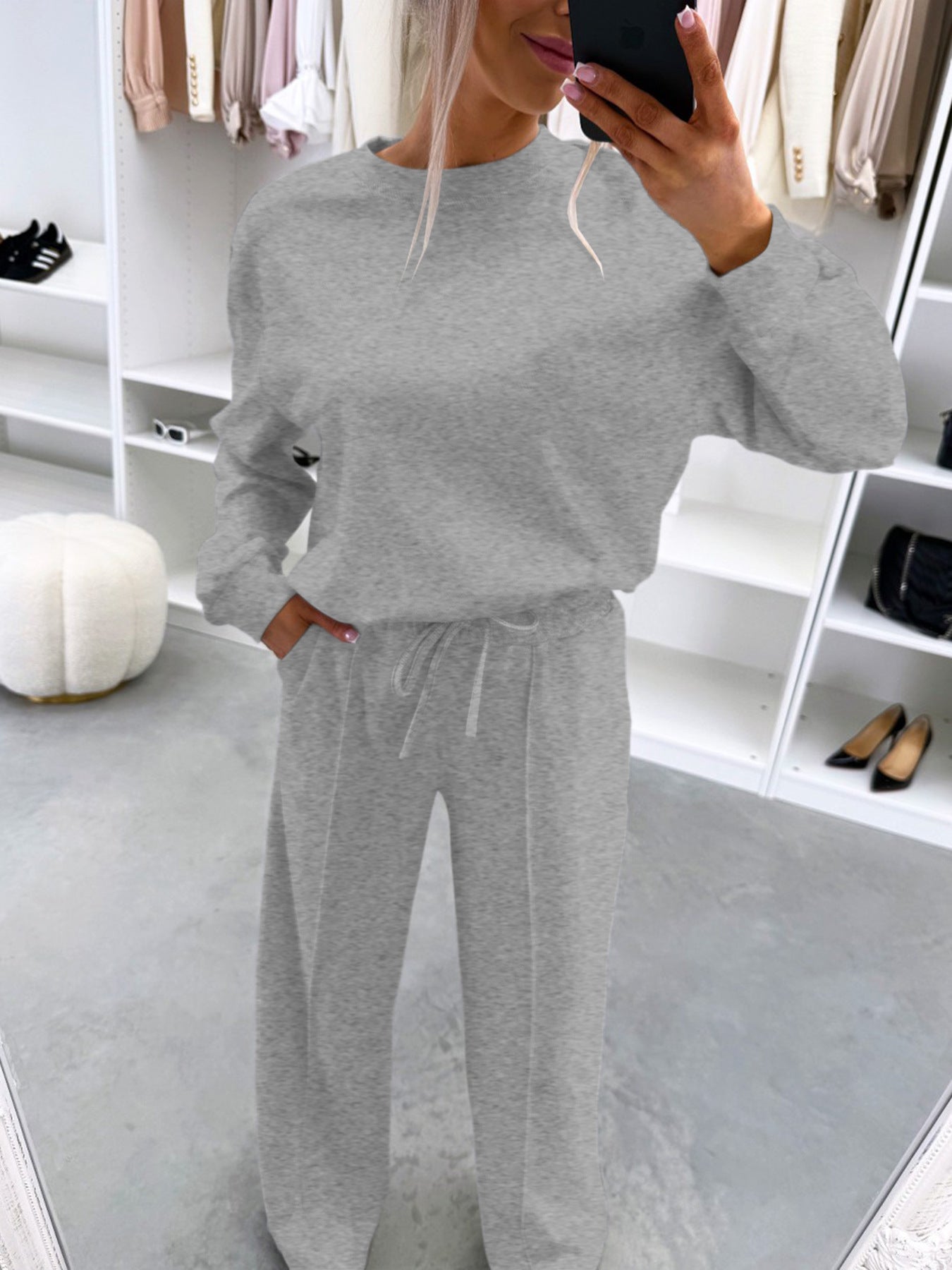 Home-style Drop-shoulder Long-sleeve Top And Casual Pleated Trousers Two-piece Set