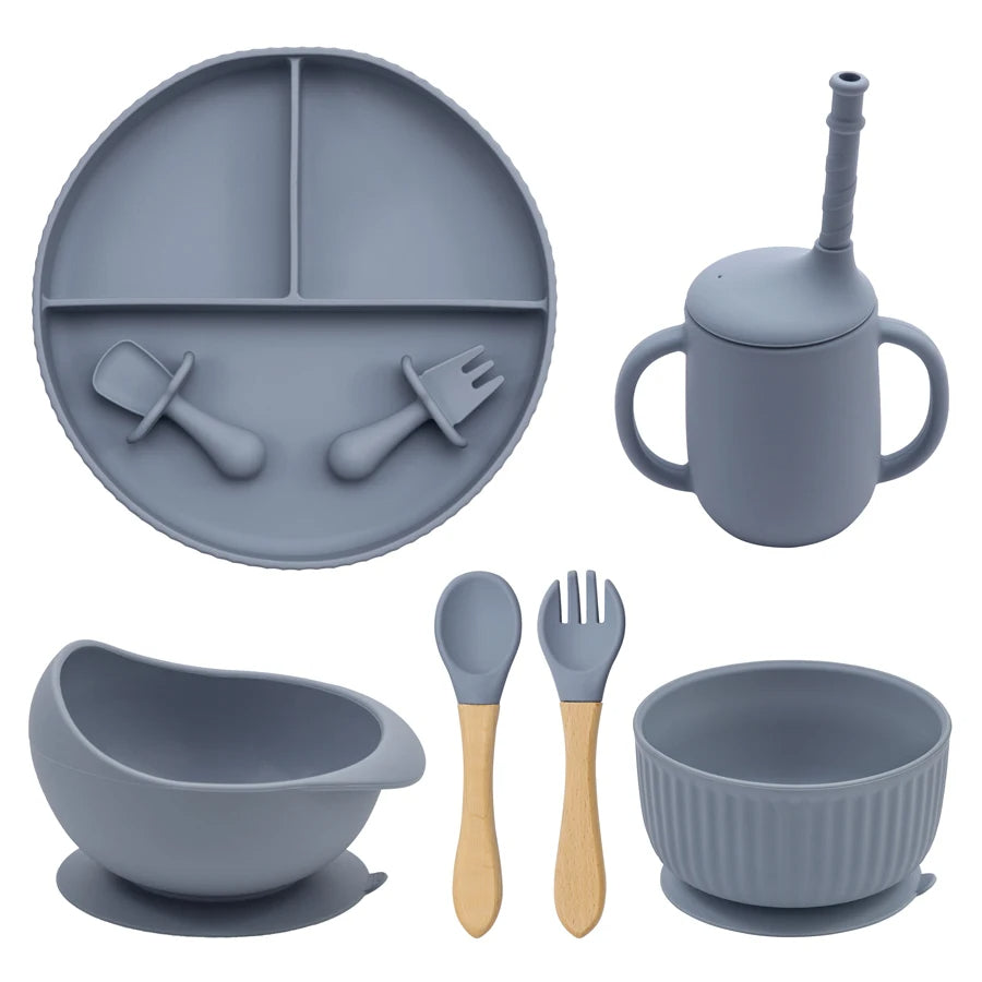Baby Silicone Cookware Feeding Plate Bowl Set Non-Slip Suction Food Dishes Drinking Cup BPA Free Fork Spoon Children's Tableware