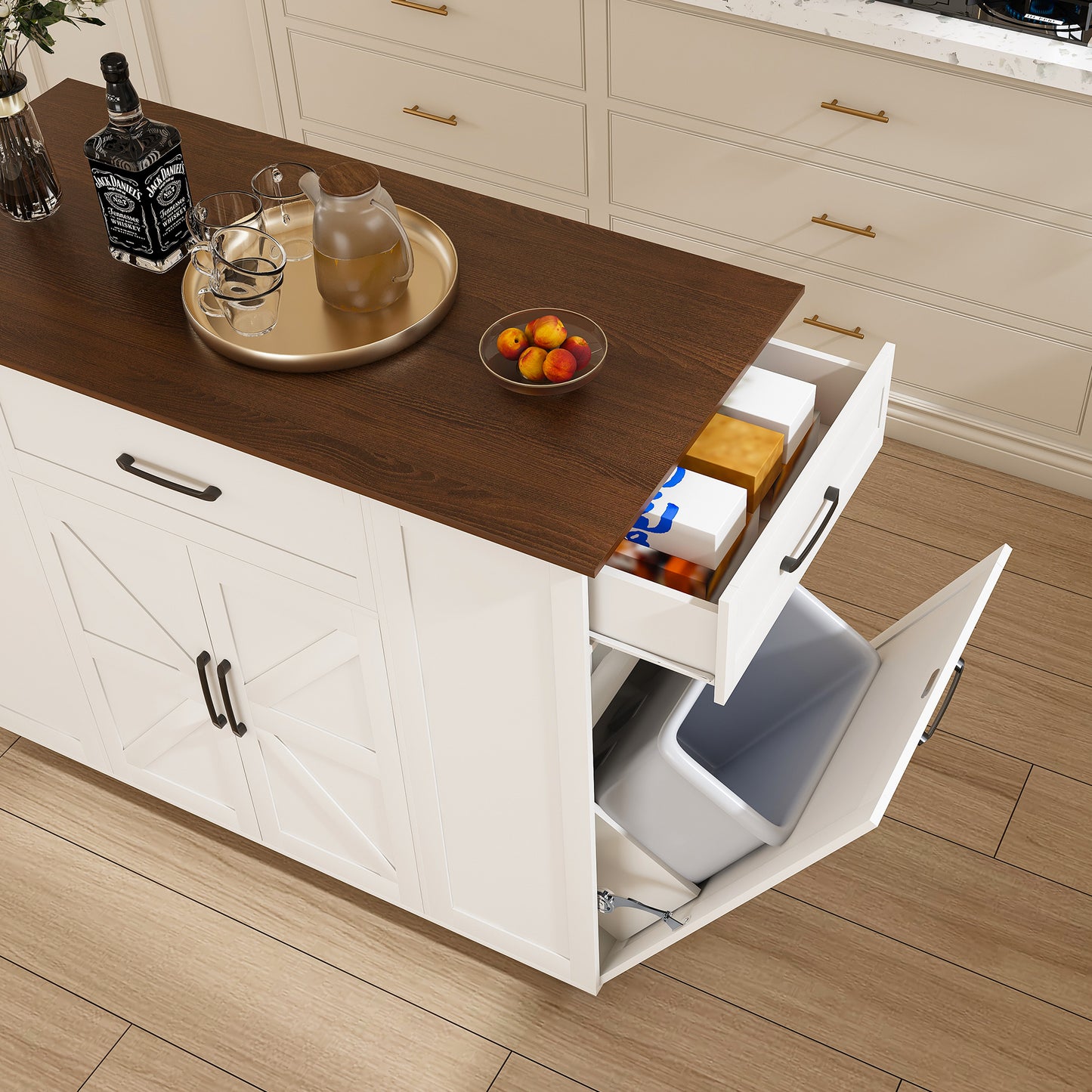 46 Kitchen Island On Wheels With Storage & Power Outlet - Movable Rustic Breakfast Bar Table  Wood Top With Adjustable Shelf & Drawer For Kitchen Dining Living Room  White