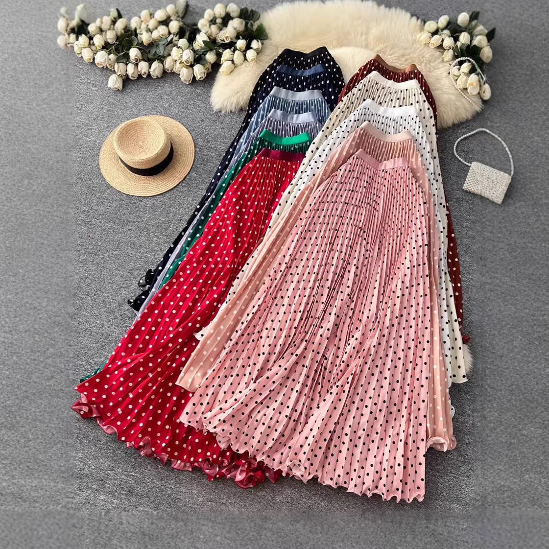 Korean-style Mid-length Polka-dot Pleated Skirt Elegant Midi Skirt