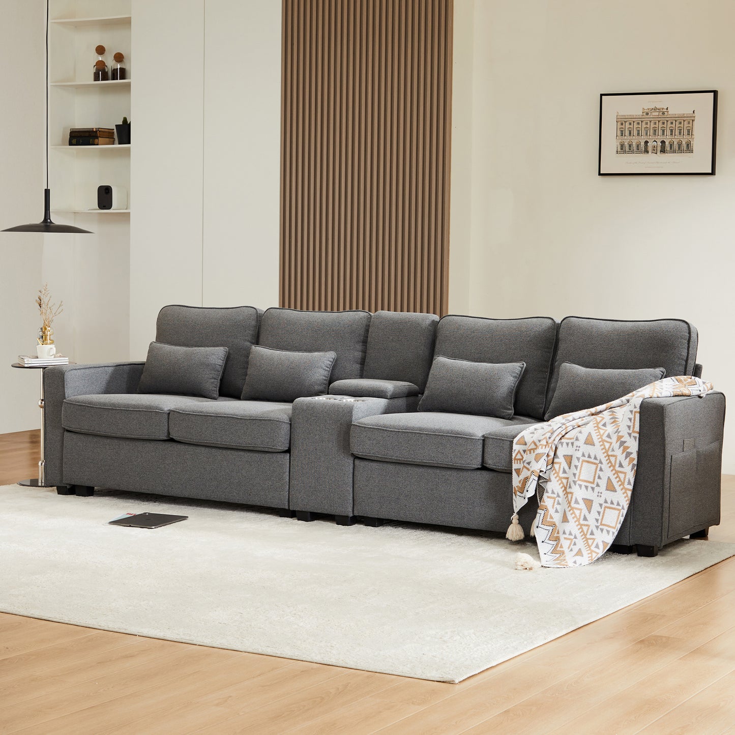 Modern 4 Seater Sofa In Linen Fabric With Console, 2 Cup Holders, 2 USB Ports For Charging With Cable, With Armrest Pockets And 4 Cushions, Simple Sofa For Living Room, Apartment, Office