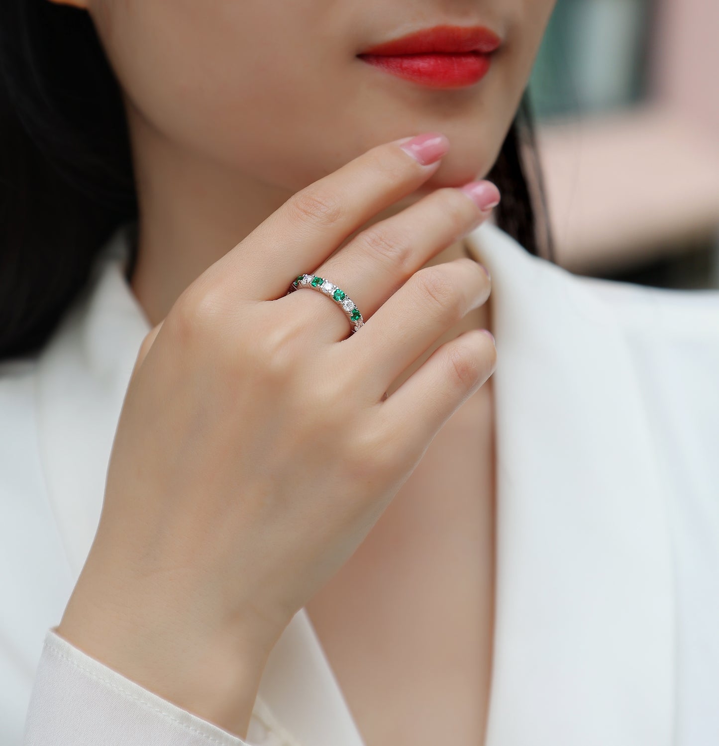 2.4g S925 Silver Platinum Plated Alternating Eternity Ring  Green & White Gemstone Full Band, Stackable Dainty Promise Ring For Women, Jewelry Gift Box Set