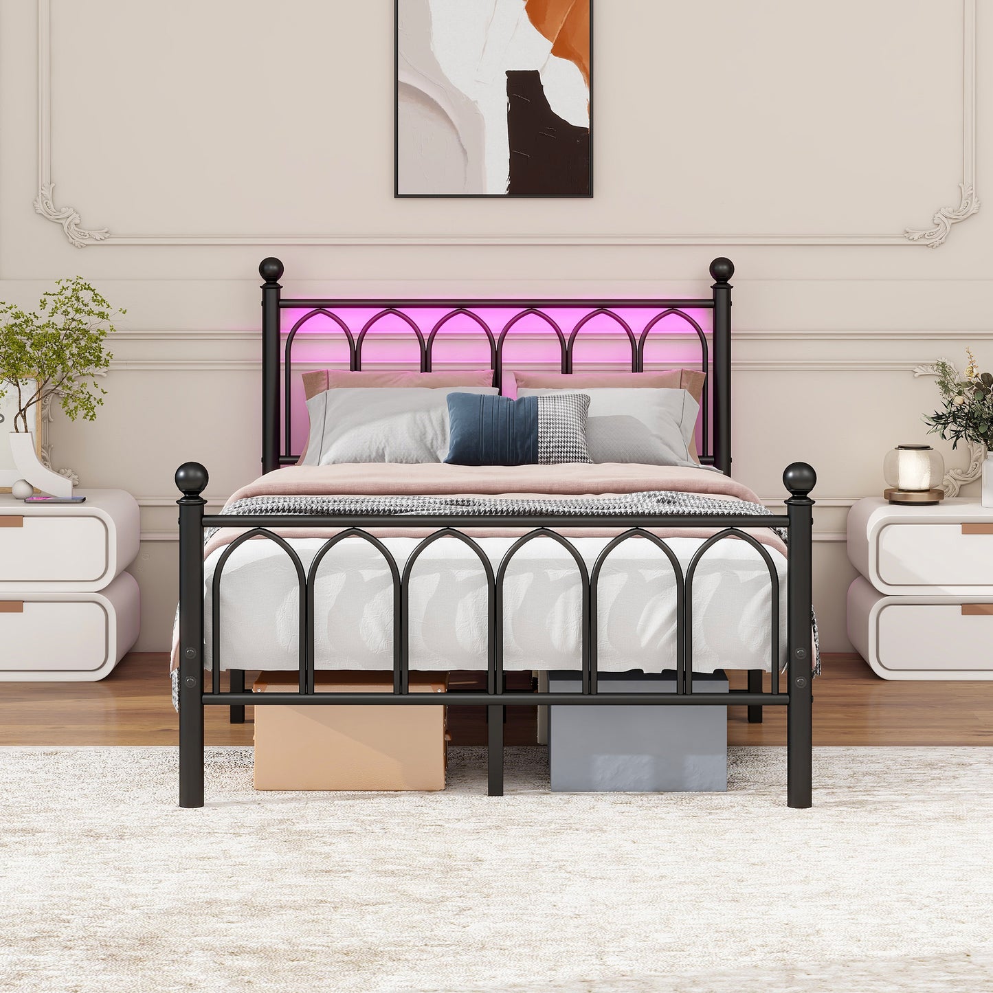 120x200cm Metal Bed Frame With Vintage Head And Footplate, USB Charging Station, LED Bed Frame, Heavy Duty Steel Slat Support, Range Underbed Storage, No Box Spring Required, Black