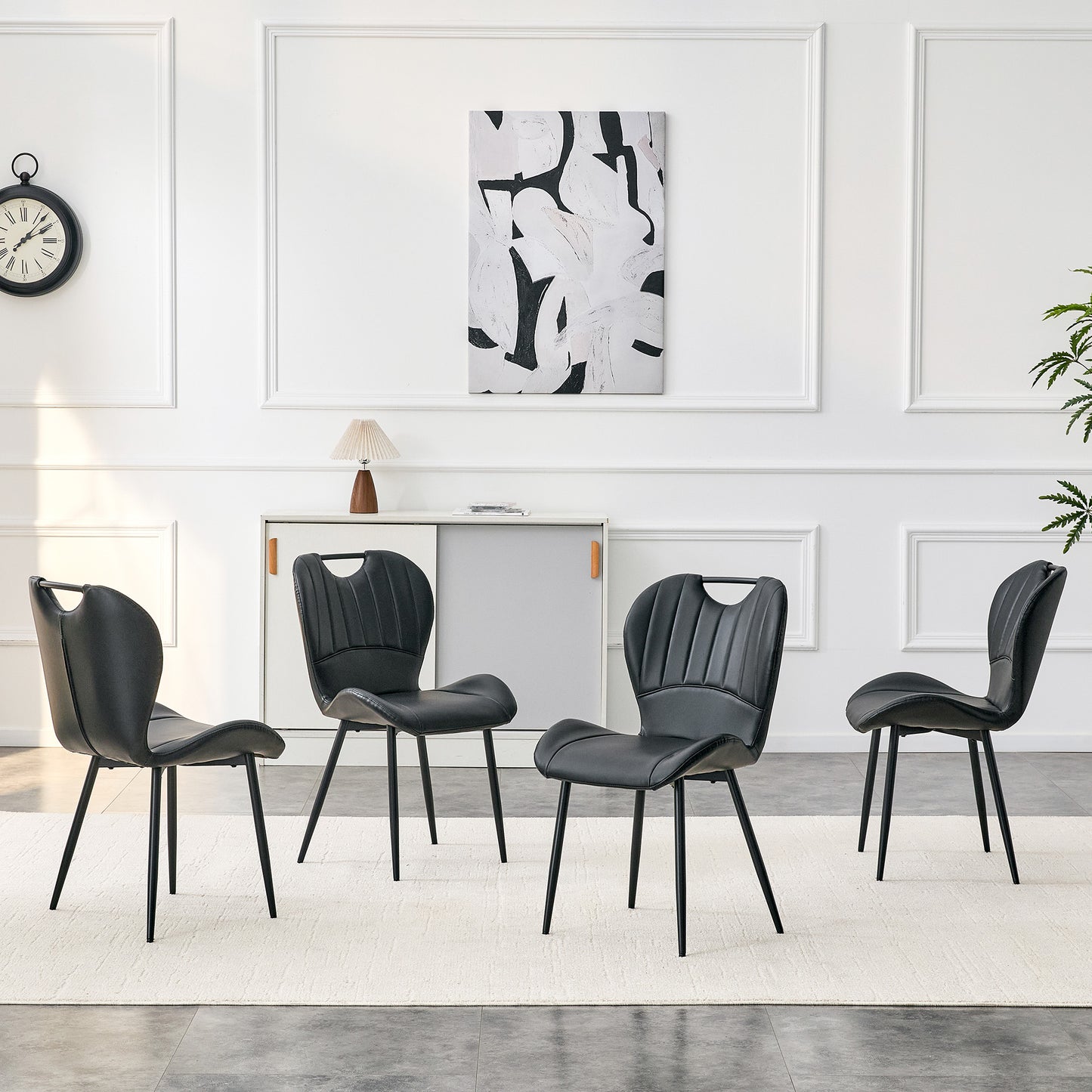 Set Of 4 Black PU Dining Chairs With Integrated Handle. Black Metal Frame, Adjustable Leveling Feet. Home Dining Chairs With Extra-Wide Comfortable Cushion, Versatile For Multiple Scenarios.
