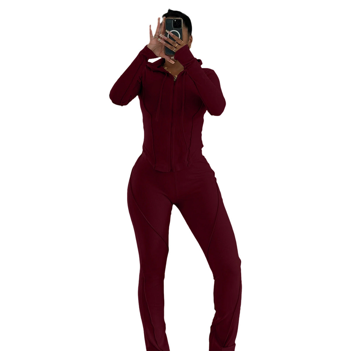 Womens Fashion Ribbed-Stripe Casual Sports Set