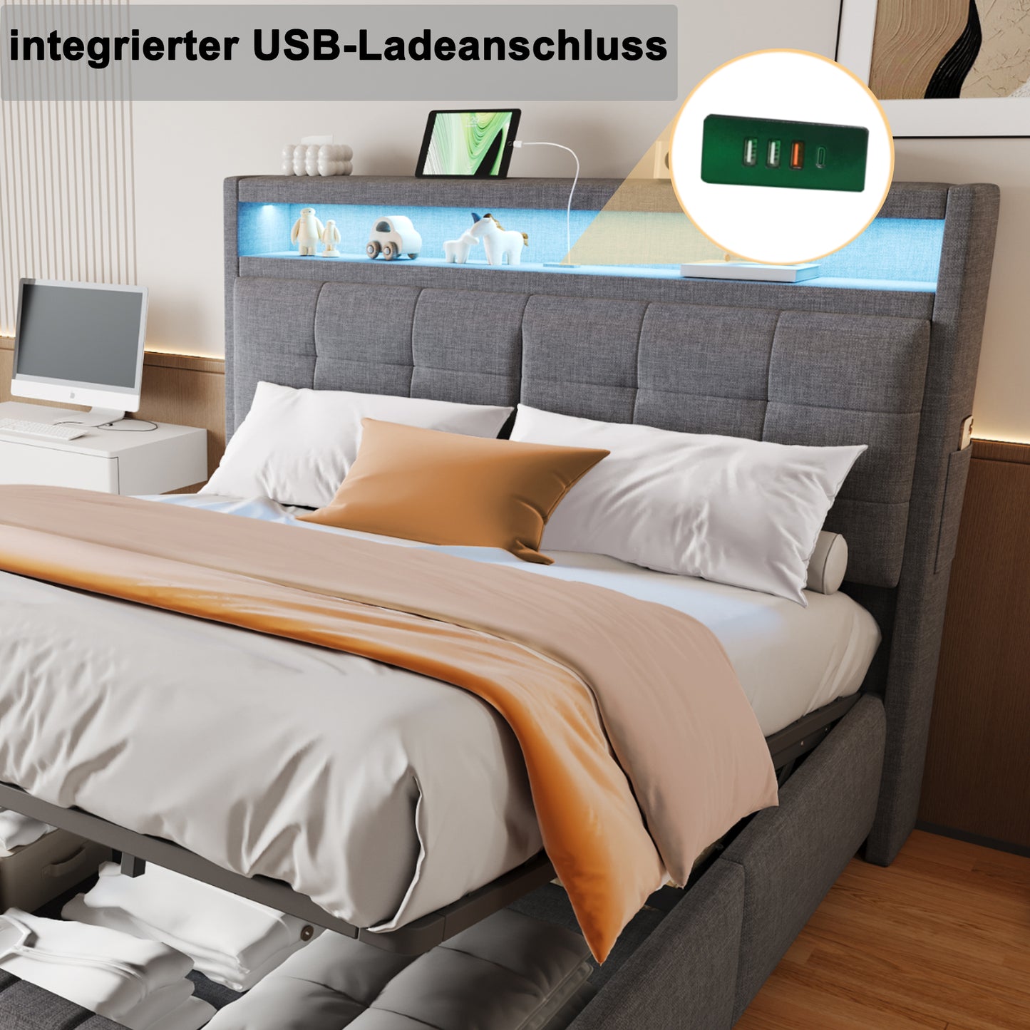 Upholstered Bed 160x200 Cm, With LED Lighting And USB Socket, Headboard With Shelves And Storage Space, With Hydraulic Storage With Storage Compartments, Double Adult Bed With Slatted Base, Linen Fabr