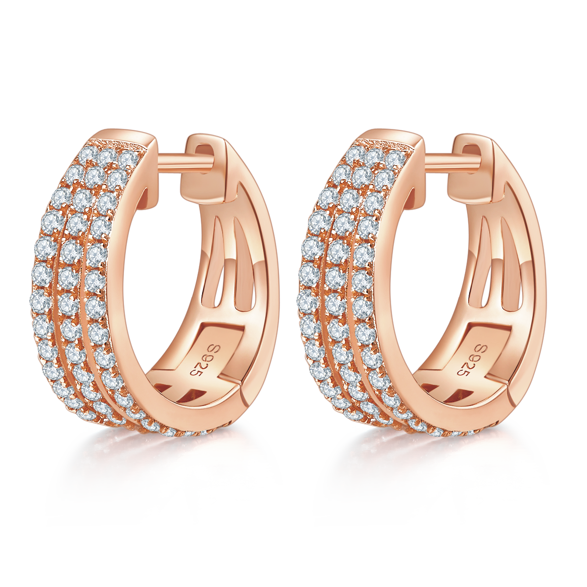 4.8g S925 Sterling Silver Moissanite Hoop Earrings 17mm  Triple Row Pave Huggie Hoops With GRA Certificate, Platinum Plated Fine Jewelry Gift Box Set For Women