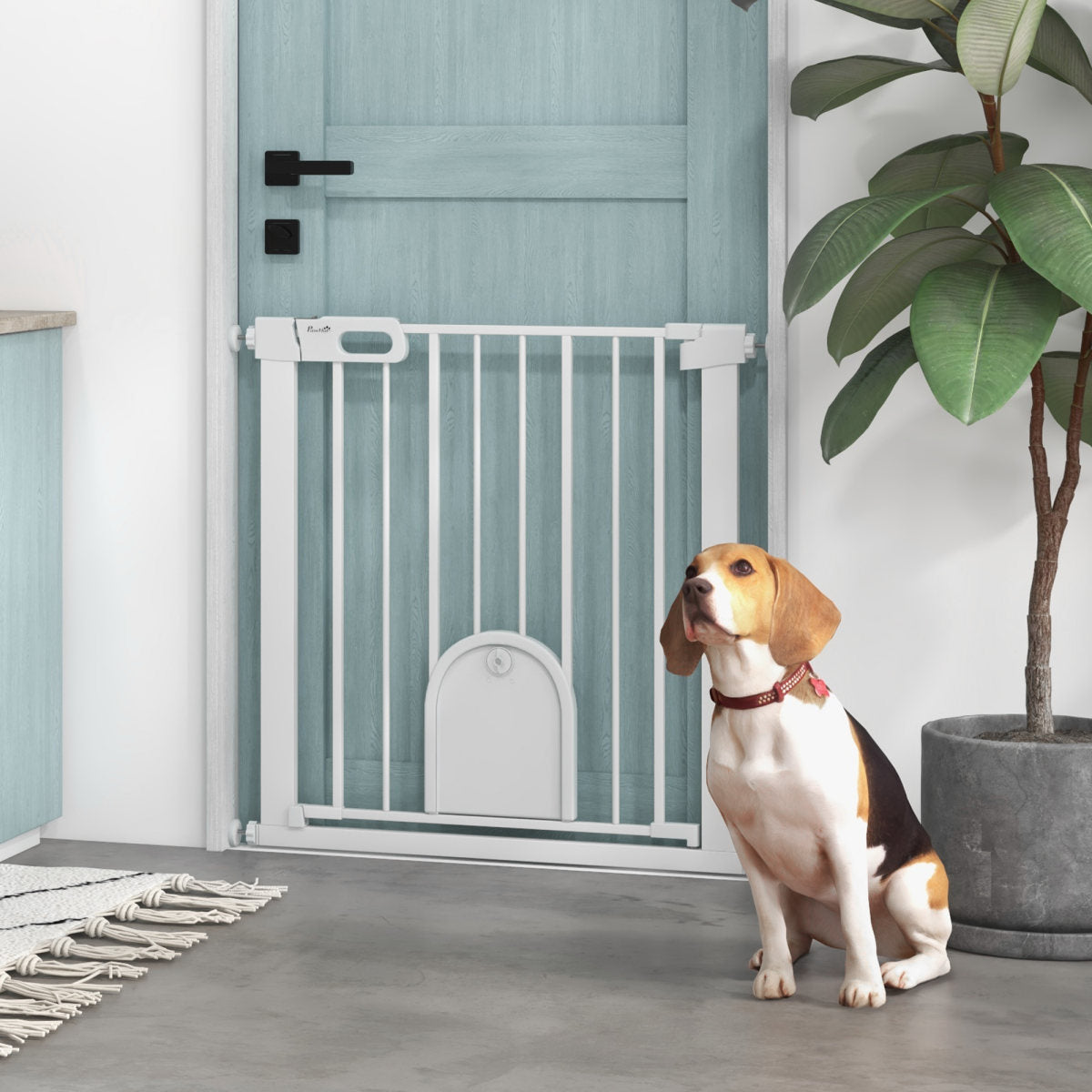 PawHut 75-82cm Pet Safet Gaye, Pressure Fit Stair, With Cat Flap, Double Locking, White