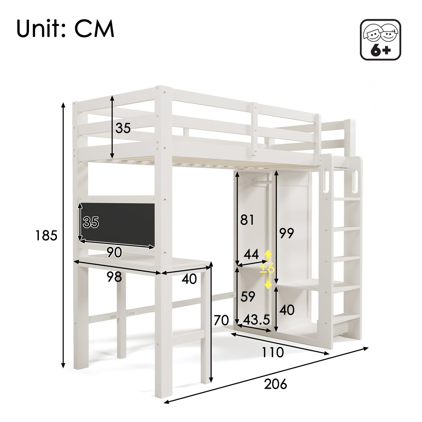 AB30624901W Children's Bed Loft Bed With Desk Open Wardrobe And Shelves Children's Bed With Slatted Frame And Fall Protection Single Bed Lying Surface 90x200cm, White Without Mattress