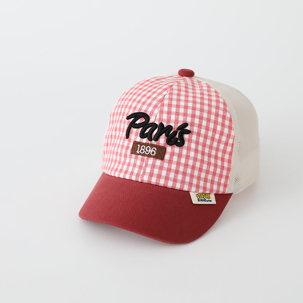 Summer Boys And Girls' Checkered Mesh Paris Letter-patterned Breathable Baseball Cap For Outdoor Outings, Sun Protection, Children's Hat