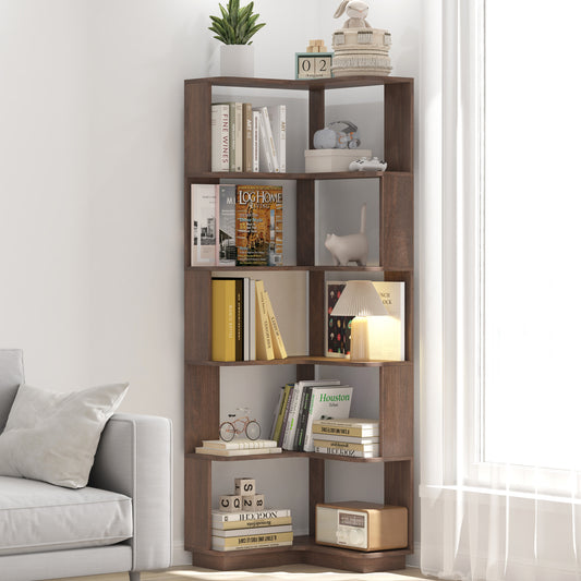 6 Tier Freestanding L-Shaped Corner Bookshelf For Living Room, Bedroom, Wooden Bookcase With Anti-drop Panle & Anti Tipping Device, Display Shelf Open Storage Rack Organizer For Home Office DARK BROWN