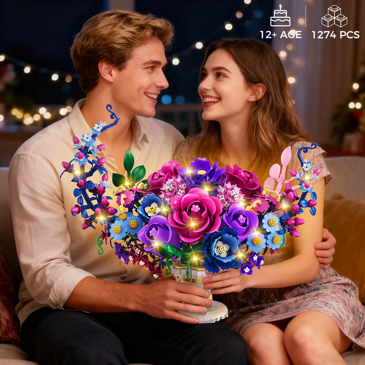 Moon Flower Bouquet Building Set With Lights,Valentines Day Flowers Botanicals Building Block Kit, Bonsai Plant  Home Decor Gift For Adults Women Boys Girls