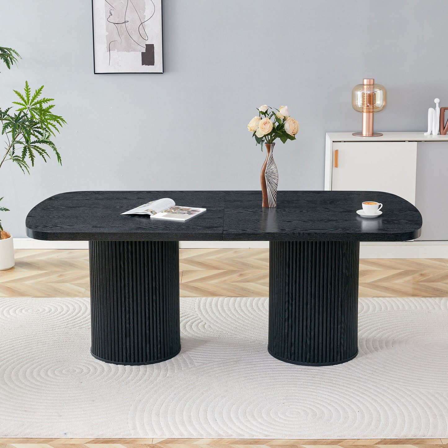 Modern Oval Dining Table With Fluted Column Base, High-quality MDF Surface In Wood Look, In Wabi-sabi And Mid-century Style For The Home Kitchen