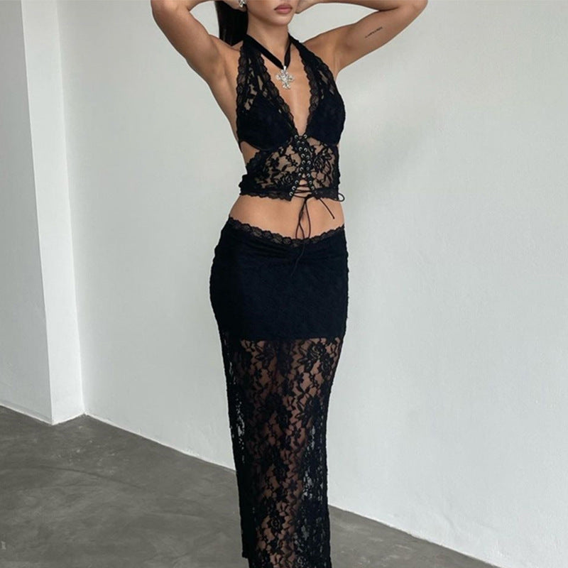 All-match Lace Beauty Back Halter Underwear Dress Suit