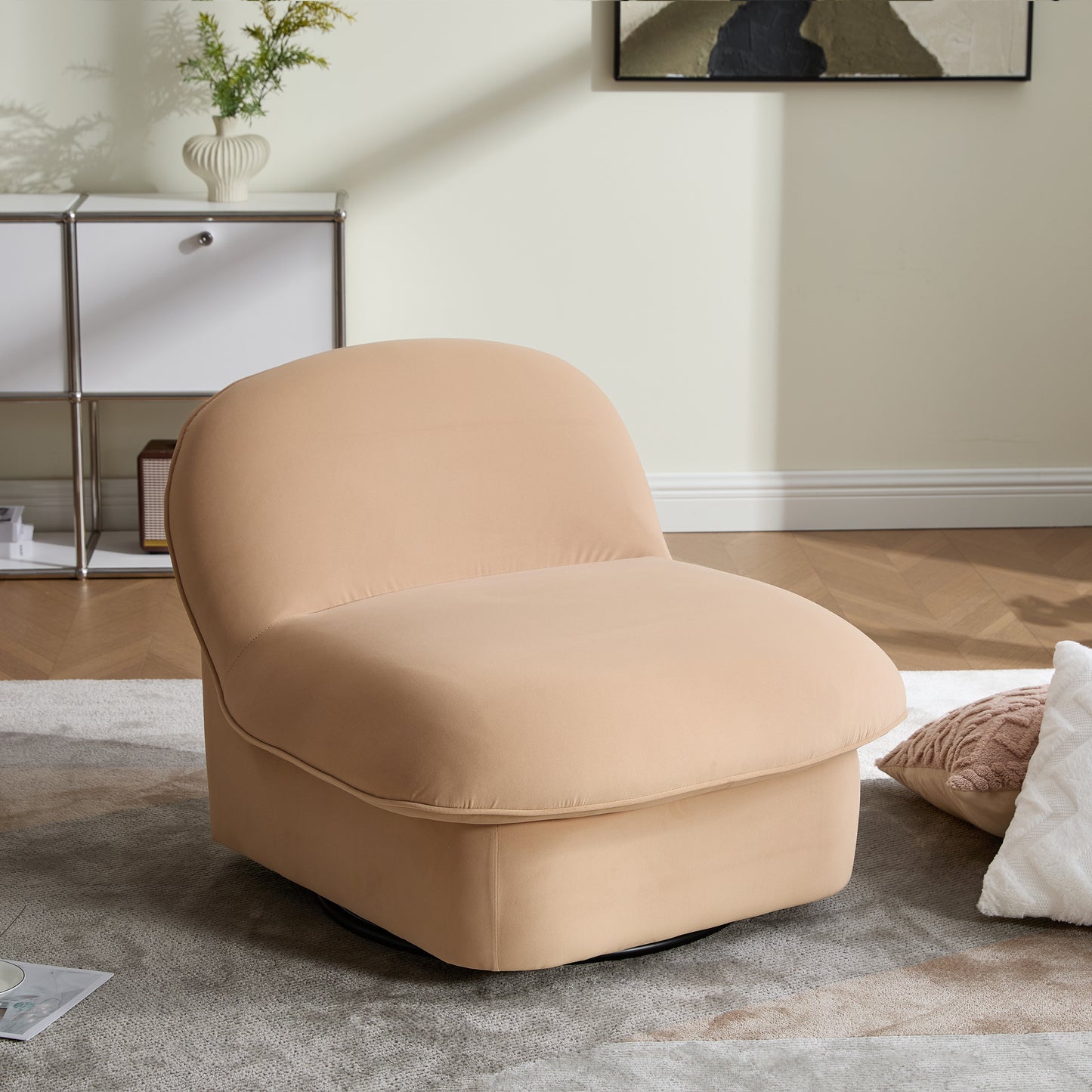 Swivel Accent Chair, 360 Degree Metal Base With Velvet Fabric Upholstery, Comfy Pumpkin Shaped Swivel Chair For Living Room, Bedroom, Or Office
