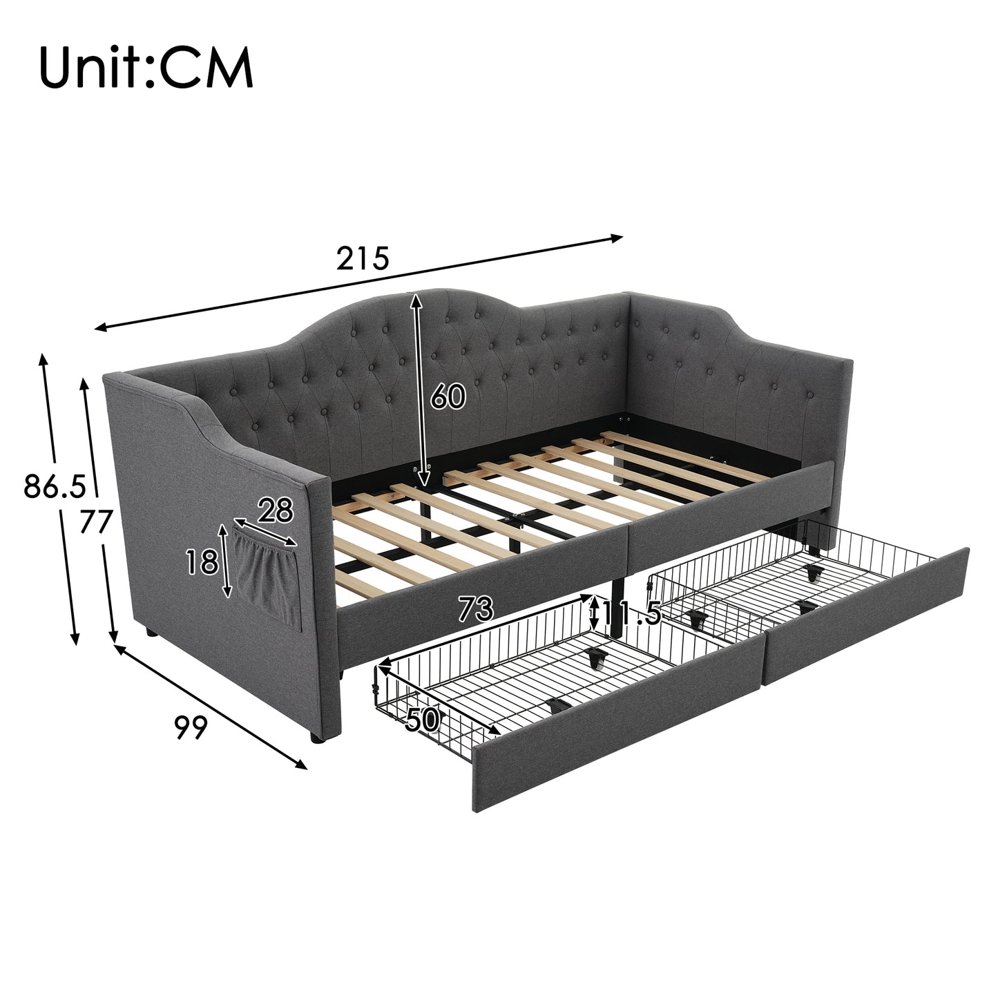 Upholstered Bed Daybed Sofa Bed Storage Beds Bed Frame With USB Type C Charging And 2 Drawers 90x200cm In Grey Linen  Without Mattress