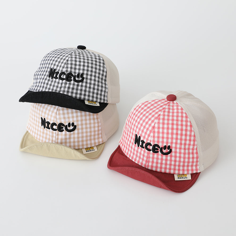 Summer Boys' And Girls' Check-pattern Embroidered Letter NICE Patchwork Baseball Cap Is Suitable For Babies For Outdoor Outings And Daily Play.