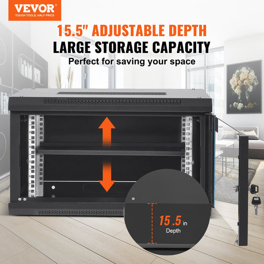 VEVOR 6U Wall Mount Network Server Cabinet, 15.5 Deep, Server Rack Cabinet Enclosure, 200 Lbs Max. Ground-mounted Load Capacity, With Locking Glass Door Side Panels, For IT Equipment, A V Devices