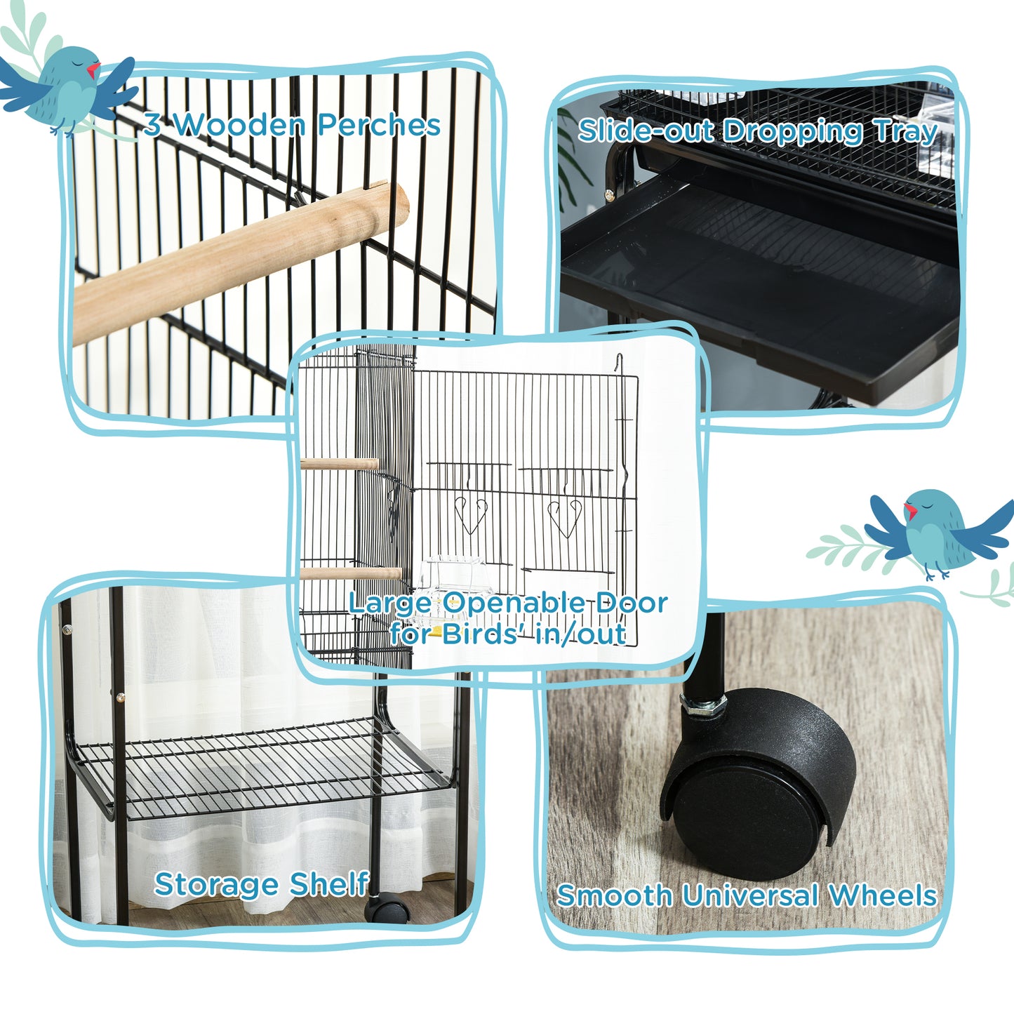 PawHut Bird Cage Budgie Cages For Finch Canary Parakeet With Stand Wheels Slide-out Tray Accessories Storage Shelf, Black