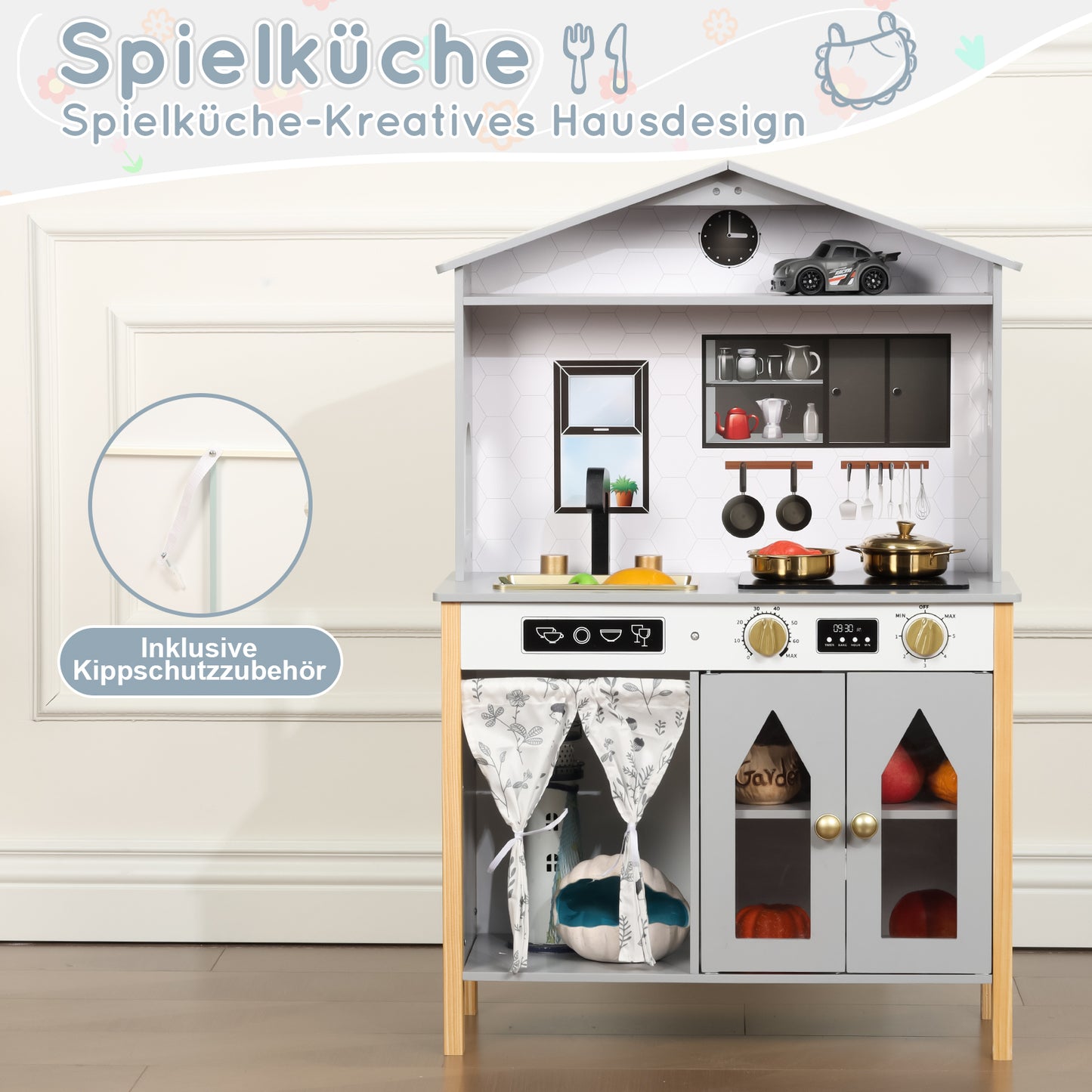 Children's Kitchen, Play Kitchen-Creative House Design, Accessories And Surprise Effects, Suitable For Children From 3 Years, Wood   Plastic, Grey, 28.5x60x92cm