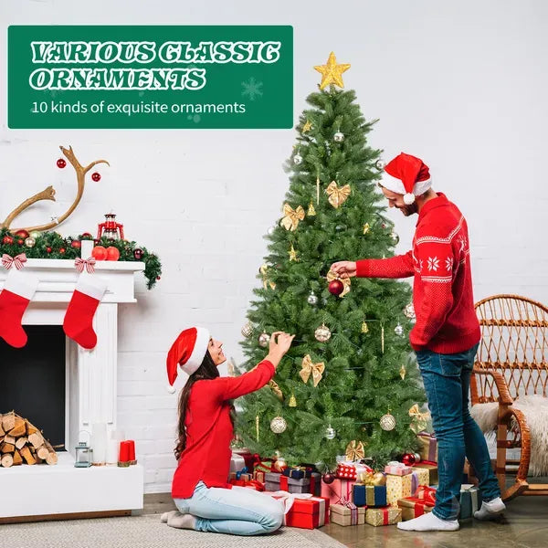 7.5 FT Artificial Christmas Tree With DIY 400 Warm White LED Lights, Hinged Xmas Pine Tree With Tree Skirt And Holiday Ornaments For Holiday Party Office Home, Green Tree & Golden Decor