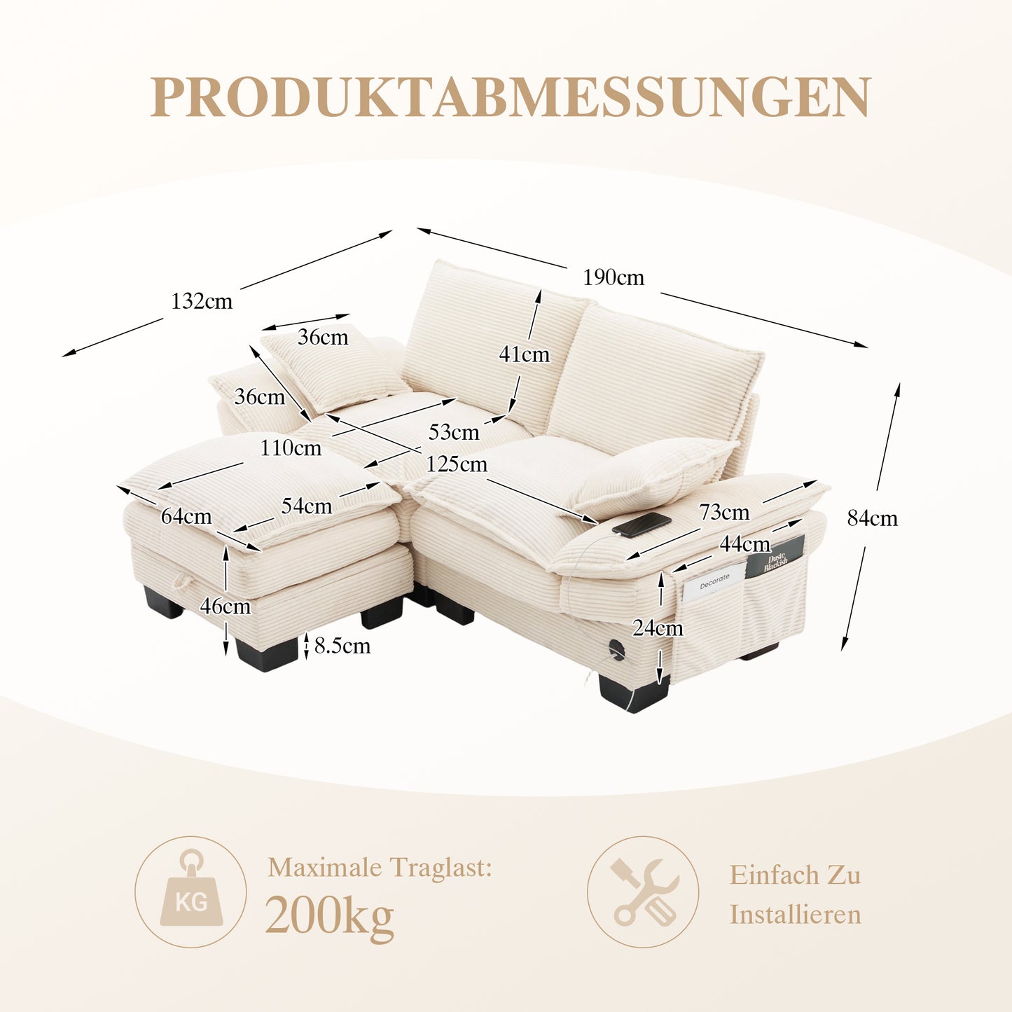 Modular 2-seater Corduroy Sofa  With Stool Wide Seat, Ergonomic Design, High-density Foam Padding, USB-C Port And Side Pockets. Ideal For Living Room, Office Or Lounge.Beige