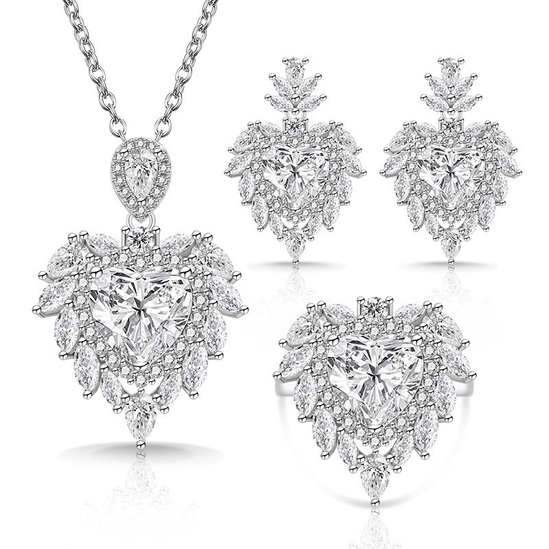 New Trendy Live Stream Hot Selling High End Heart Shaped Zircon Jewelry Set Earrings, Rings, Necklaces  And Pendants