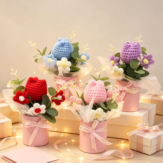 Handmade Crochet Flower Bouquet, Multi-color Tulip-shaped Crochet Potted Flower Set, Soft Yarn Everlasting Crochet Floral Ornament, Indoor Home Tabletop Decorative Decor