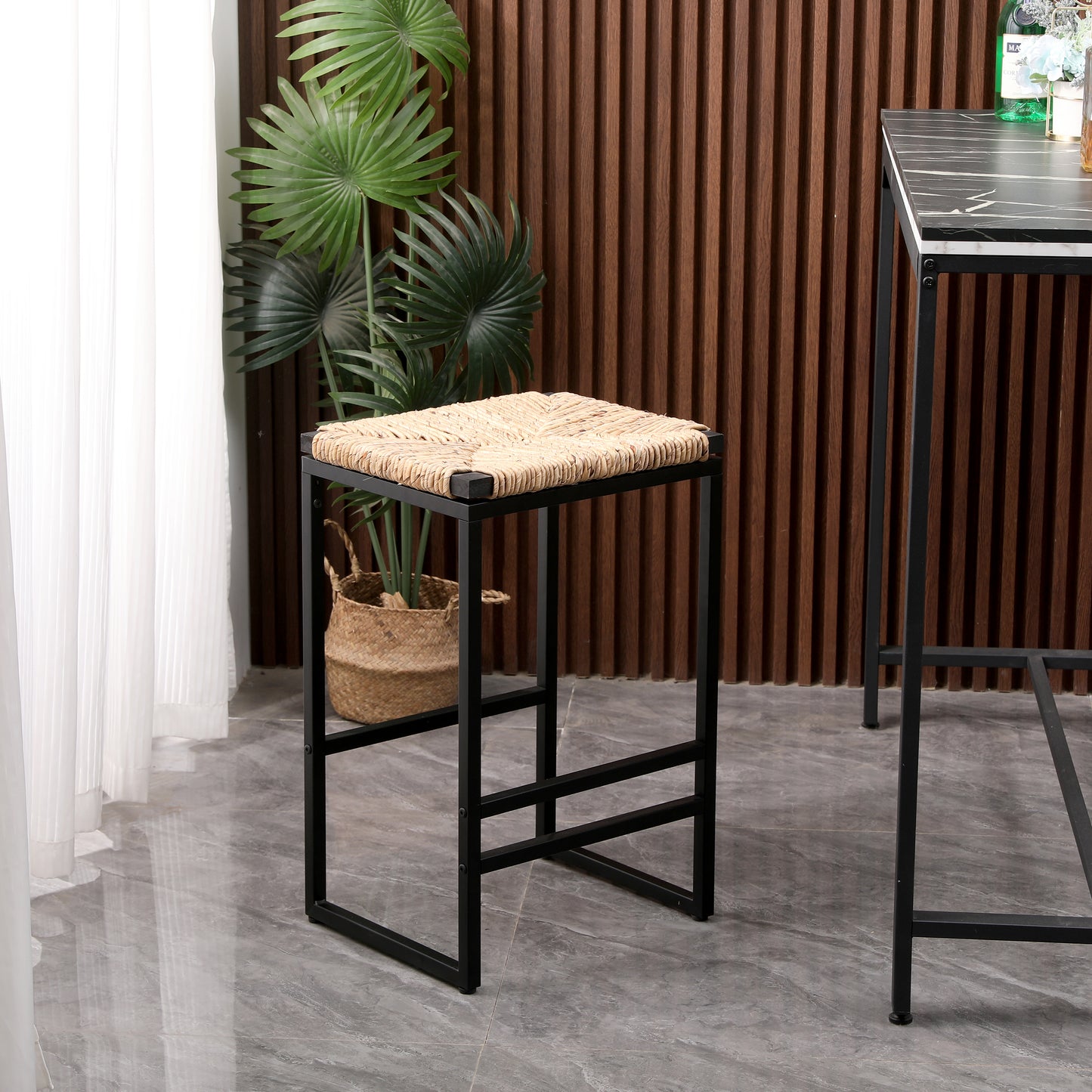 Set Of 2 Water Hyacinth Woven Bar Stools For Kitchen Counter Water Hyacinth Grass Backless Barstools With Footrest  Water Hyacinth Backless