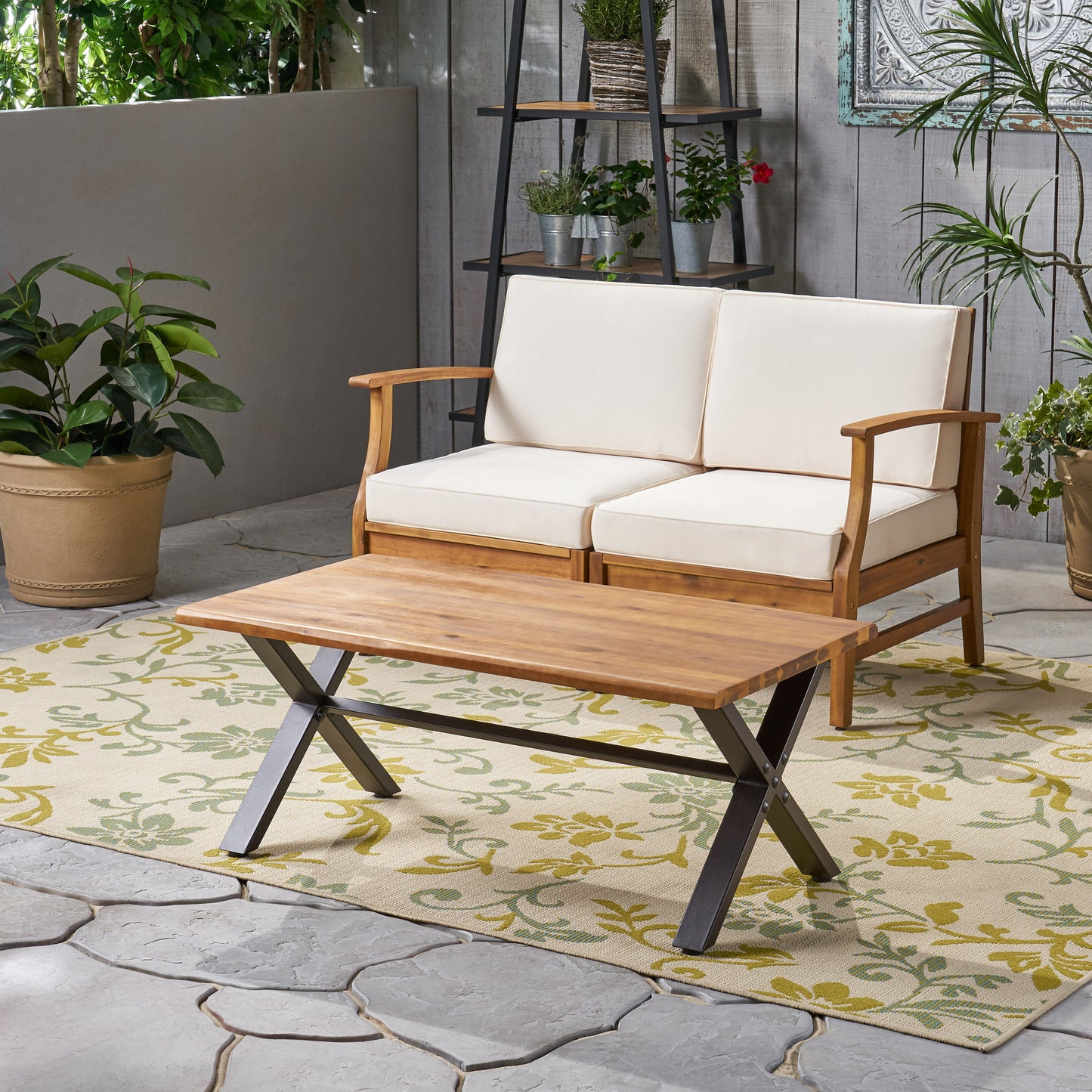 Outdoor Acacia Wood Coffee Table, Teak Finish   Rustic Metal,Black And Brown, 18 H X 27.25 W X 43.25 L