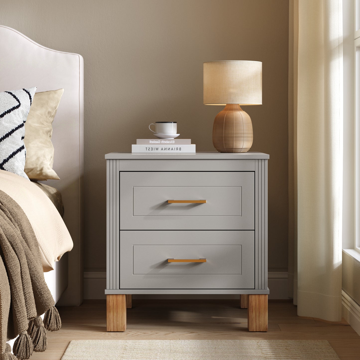 2 Drawer Nightstand, Premium Wood Storage With Elegant Fluted Design, Solid Wood Legs Nightstand With Metal Handle, Tall Bedside Table For Bedroom Living Room,Gray