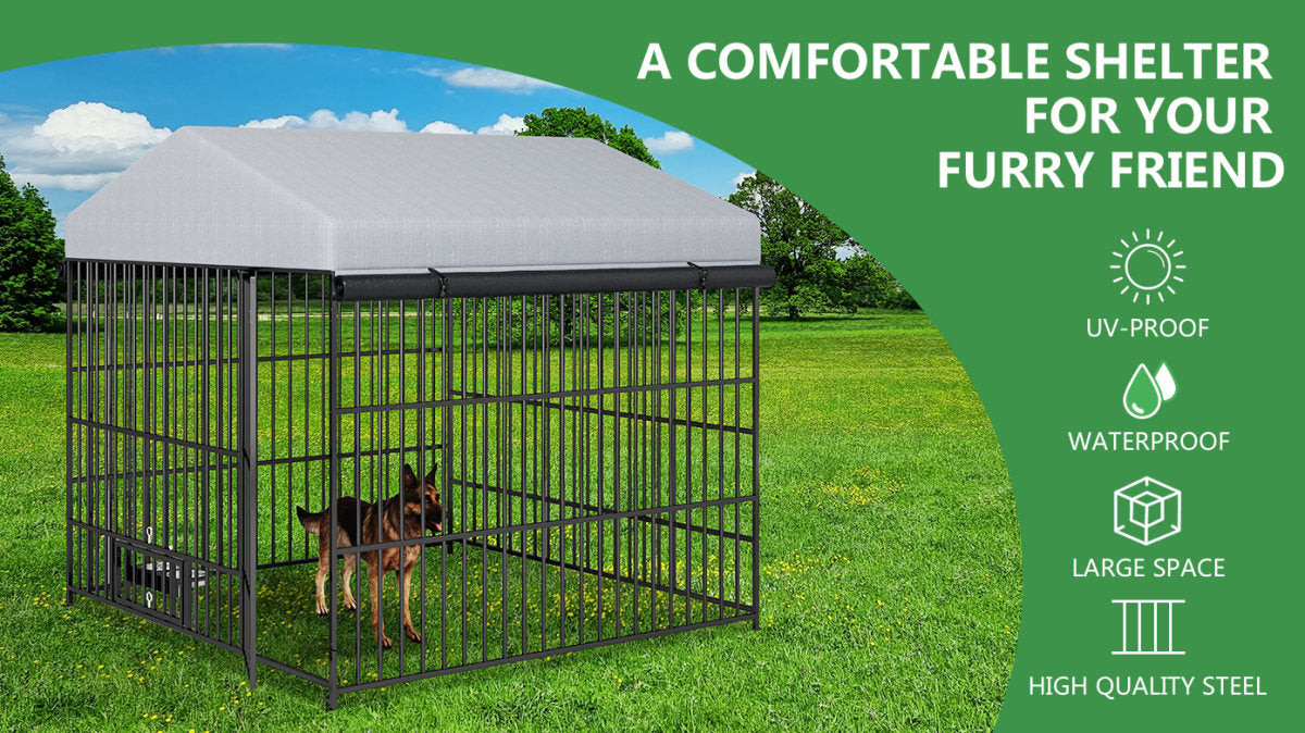 Large Dog Kennel Outdoor Pet Pens Dogs Run Enclosure Animal Hutch Metal Coop Fence With Roof Cover 6.6 L X 6.6 W X 6.4 H